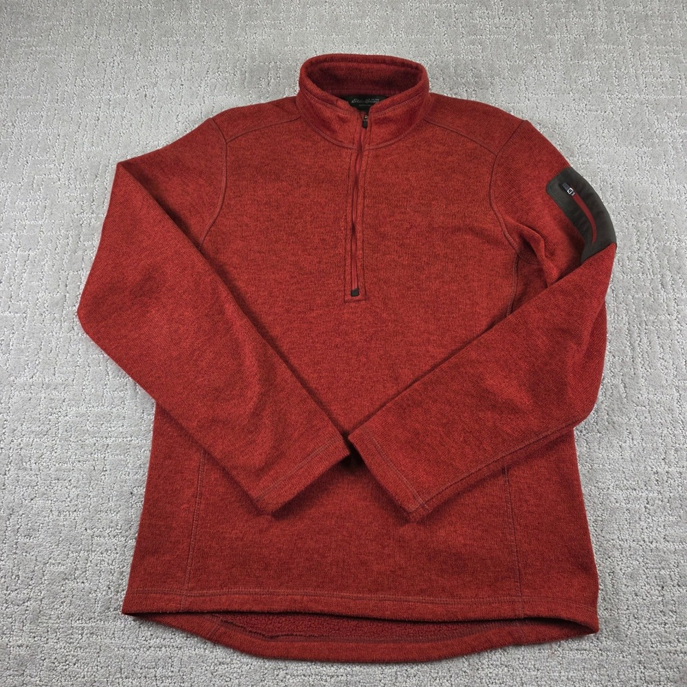 Eddie Bauer Mens Medium Quarter Zip Fleece Pullover Sweater Burnt Orange Pockets